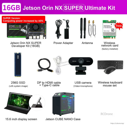 Yahboom Jetson Orin NX SUPER developer kit bundle with board, SSD, antennas, power adapter, camera, keyboard/mouse and 15.6" display