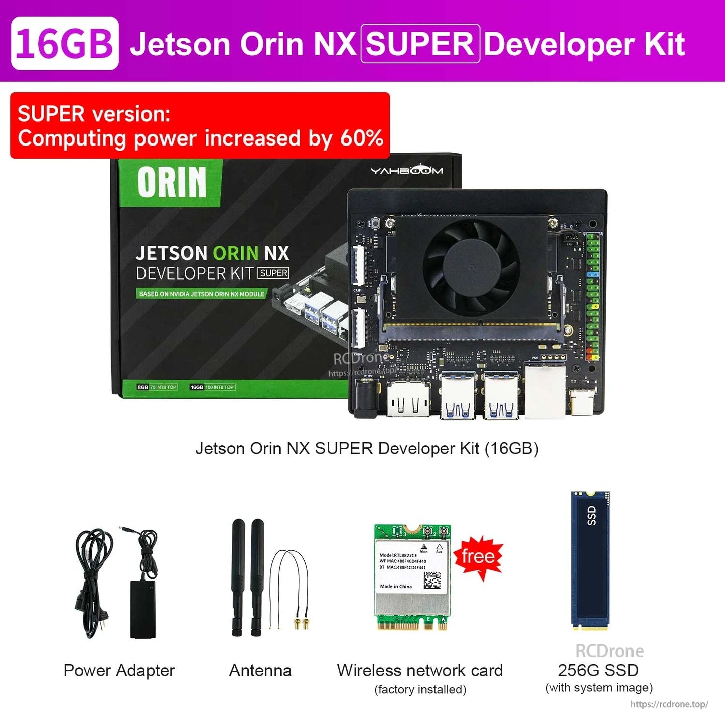 Yahboom Jetson Orin NX SUPER Developer Kit (16GB) with carrier board, power adapter, antennas, Wi‑Fi card and 256GB SSD