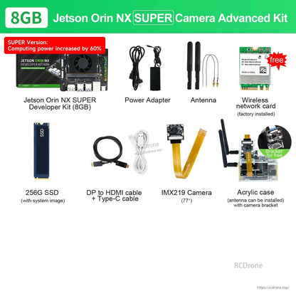 8GB Jetson Orin NX SUPER Camera Advanced kit contents with IMX219 camera, acrylic case and included cables