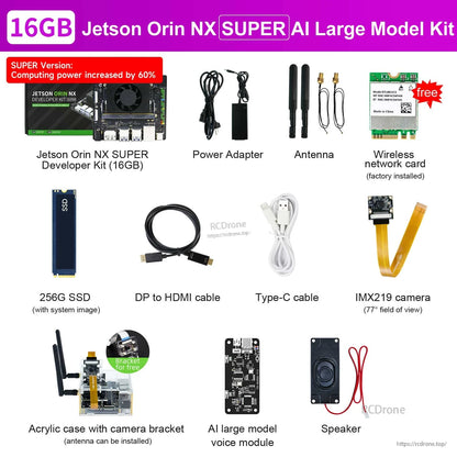 16GB Jetson Orin NX SUPER AI Large Model kit contents with IMX219 camera, AI voice module, speaker and acrylic case