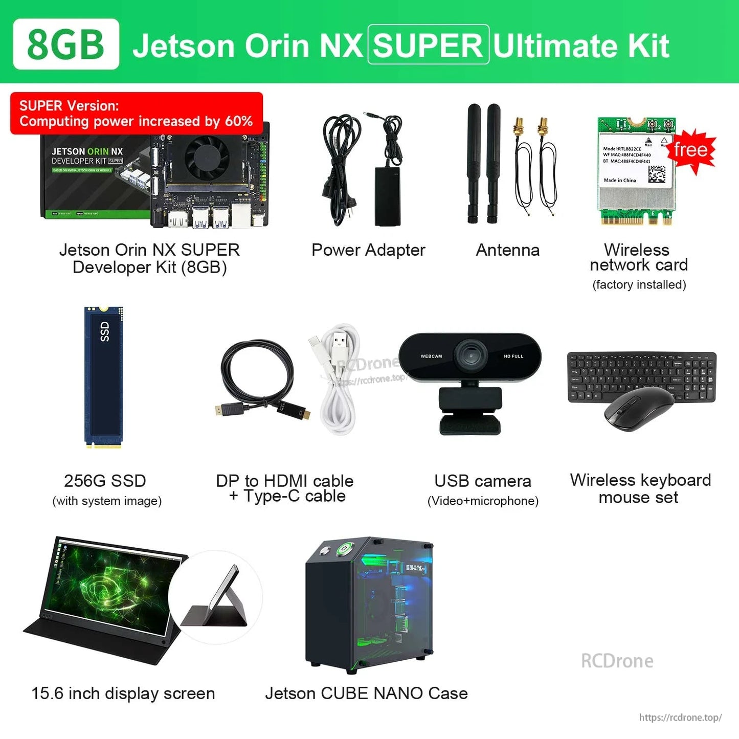 8GB Jetson Orin NX SUPER Ultimate kit contents with 15.6-inch display, USB camera, Jetson CUBE NANO case, wireless keyboard and mouse