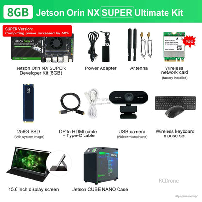 8GB Jetson Orin NX SUPER Ultimate kit contents with 15.6-inch display, USB camera, Jetson CUBE NANO case, wireless keyboard and mouse