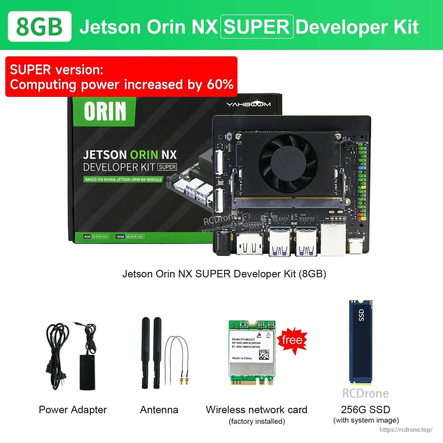 Yahboom Jetson Orin NX SUPER Developer Kit 8GB package contents: board, power adapter, antennas, Wi‑Fi card, 256GB SSD