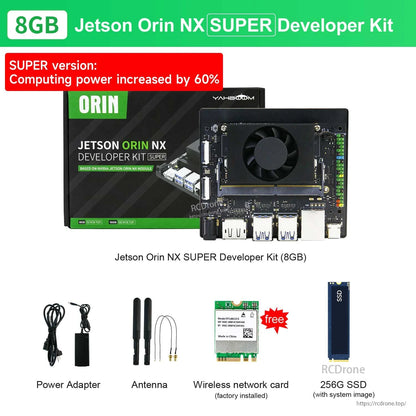 Yahboom Jetson Orin NX SUPER Developer Kit 8GB package contents: board, power adapter, antennas, Wi‑Fi card, 256GB SSD