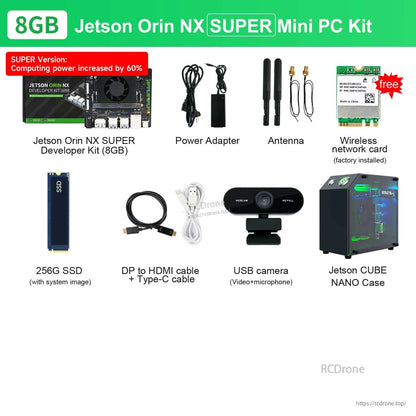 8GB Jetson Orin NX SUPER Mini PC kit contents with USB camera and Jetson CUBE NANO case