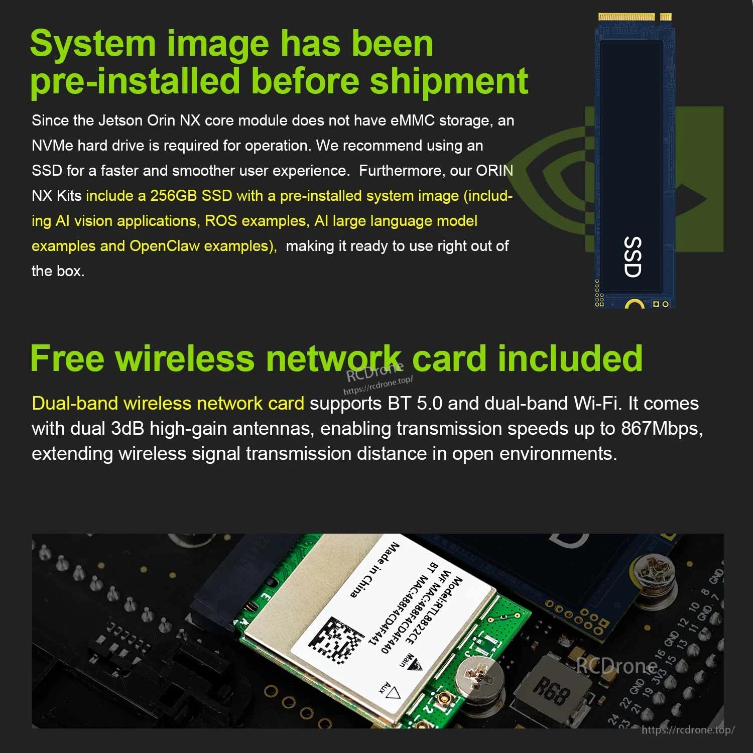 Pre-installed system image note and included Wi‑Fi/Bluetooth wireless network card module close-up