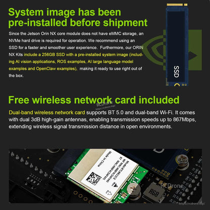 Pre-installed system image note and included Wi‑Fi/Bluetooth wireless network card module close-up