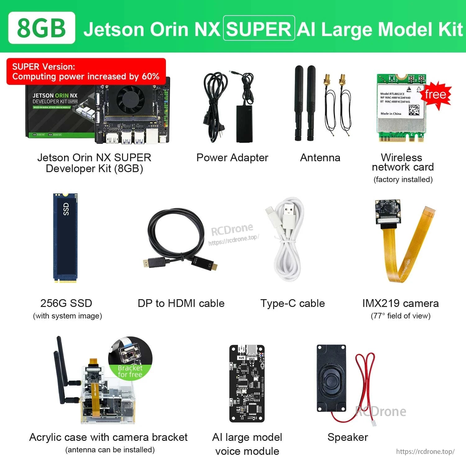 8GB Jetson Orin NX SUPER AI Large Model kit contents with IMX219 camera, AI voice module, speaker and acrylic case