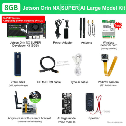 8GB Jetson Orin NX SUPER AI Large Model kit contents with IMX219 camera, AI voice module, speaker and acrylic case