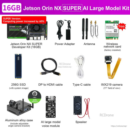 Yahboom Jetson Orin NX SUPER 16GB developer kit with power adapter, antennas, 256GB SSD, cables, case and camera