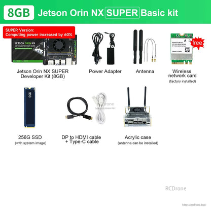8GB Jetson Orin NX SUPER Basic kit contents: power adapter, antennas, Wi‑Fi card, 256GB SSD, DP to HDMI and Type‑C cables, acrylic case