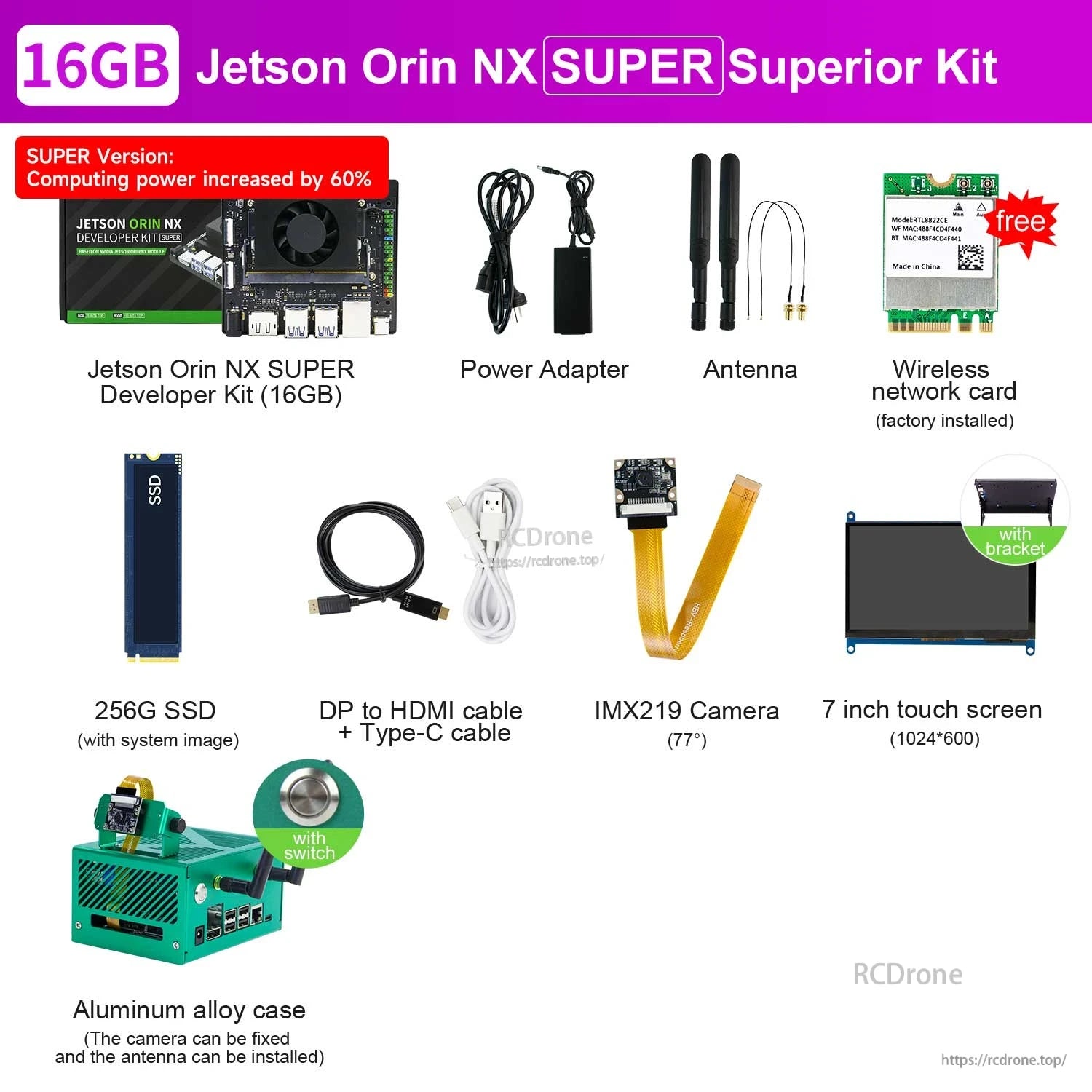 Yahboom Jetson Orin NX SUPER developer kit bundle with 16GB module, 256GB SSD, IMX219 camera, 7-inch touchscreen, case and antennas