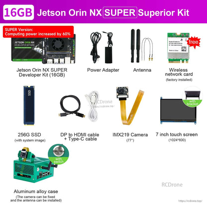 Yahboom Jetson Orin NX SUPER developer kit bundle with 16GB module, 256GB SSD, IMX219 camera, 7-inch touchscreen, case and antennas