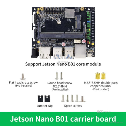 Jetson Nano B01 carrier board package contents list: pre-installed screws, jumper caps, spare screws, standoffs