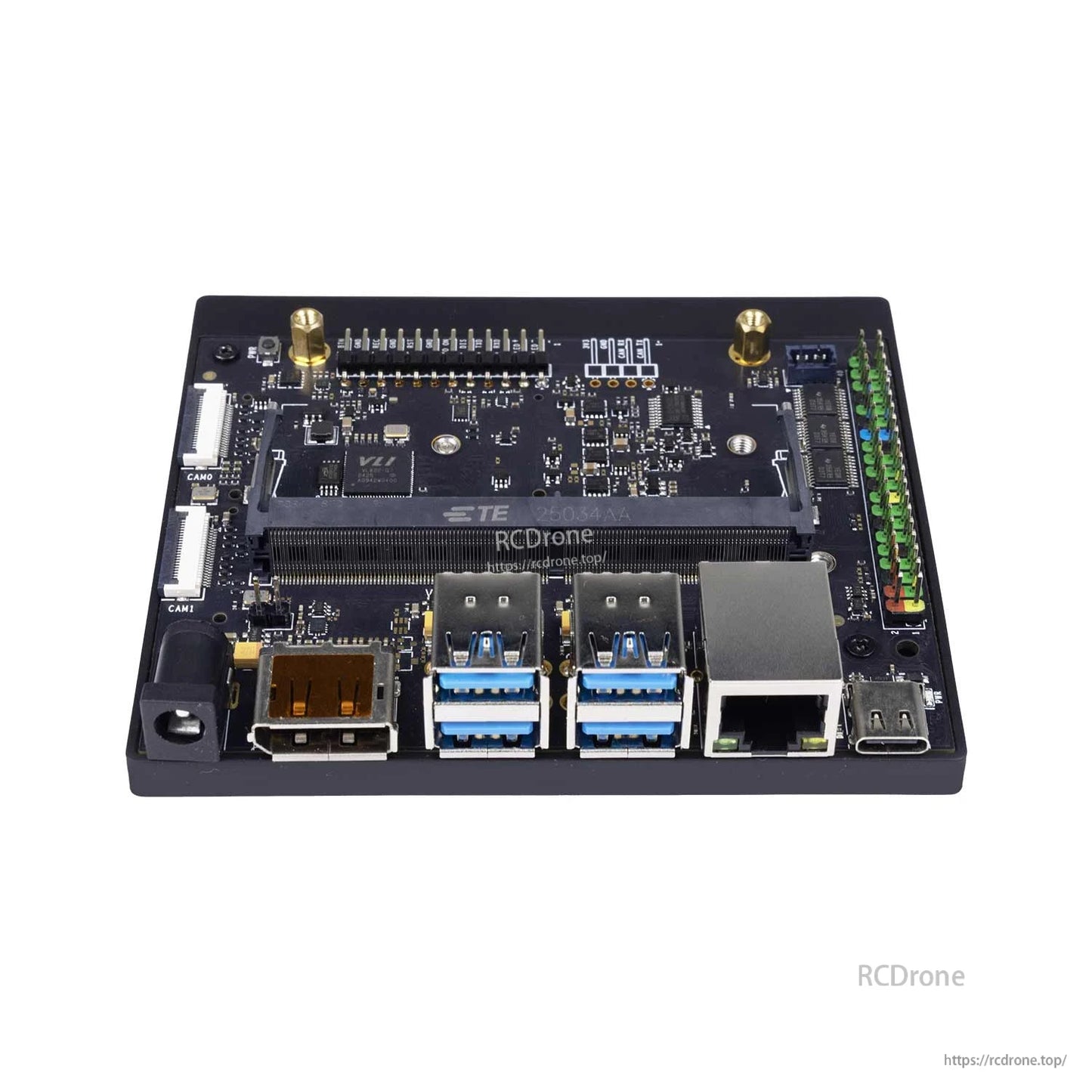 Angled front view showing HDMI, stacked USB ports, Ethernet jack, and USB-C connector on carrier board