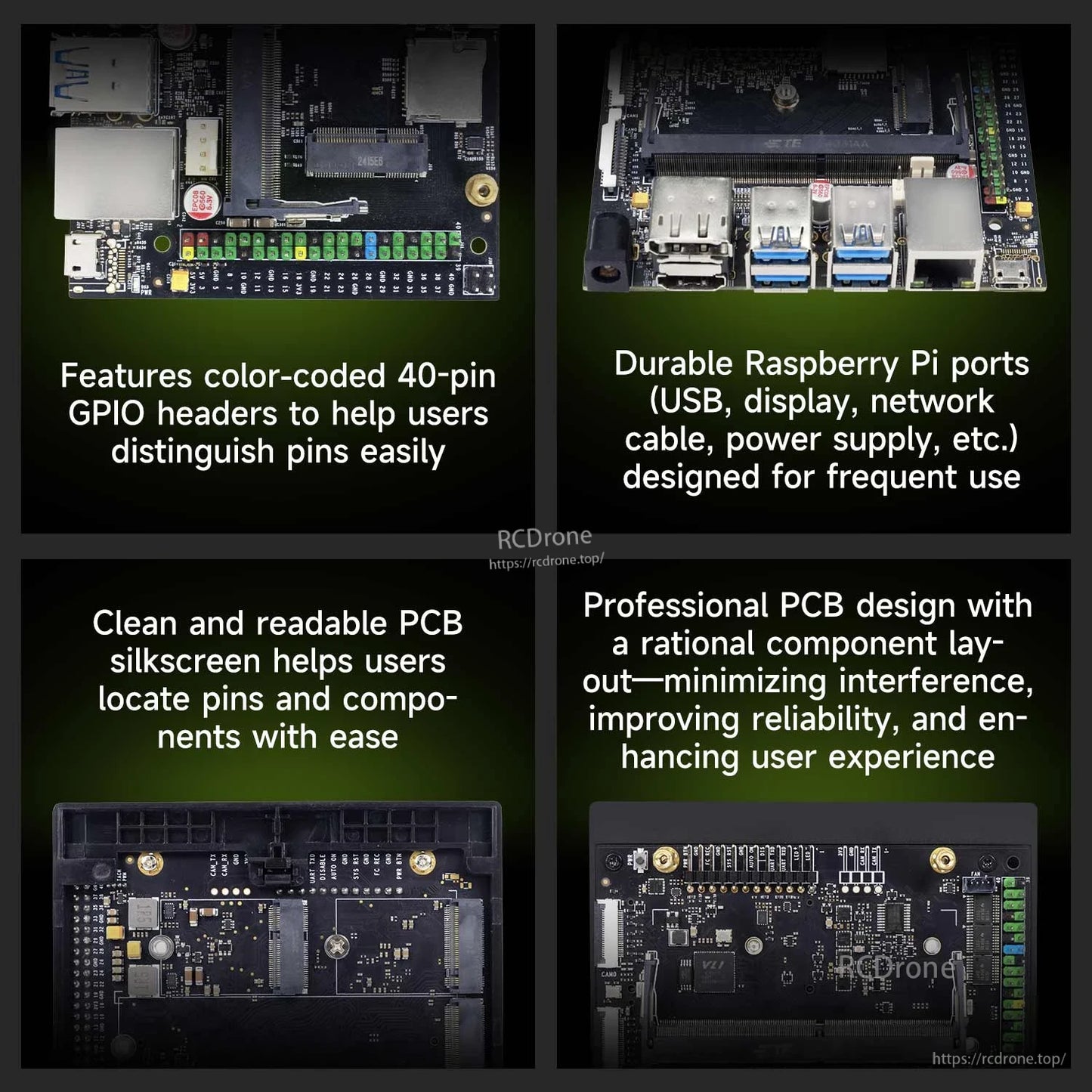 Carrier board feature collage highlighting 40-pin GPIO color labels, port durability, and PCB silkscreen layout