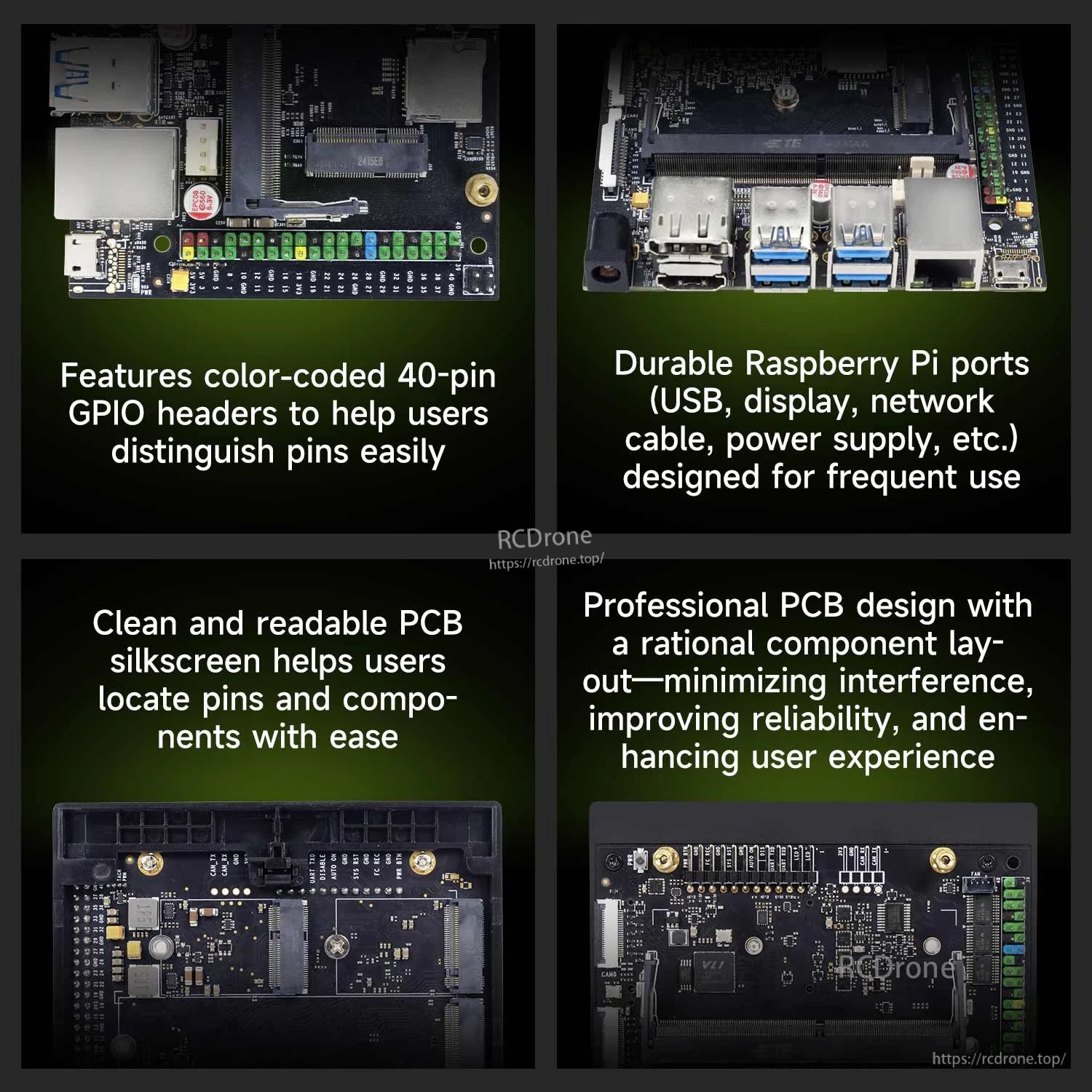Carrier board feature collage highlighting 40-pin GPIO color labels, port durability, and PCB silkscreen layout