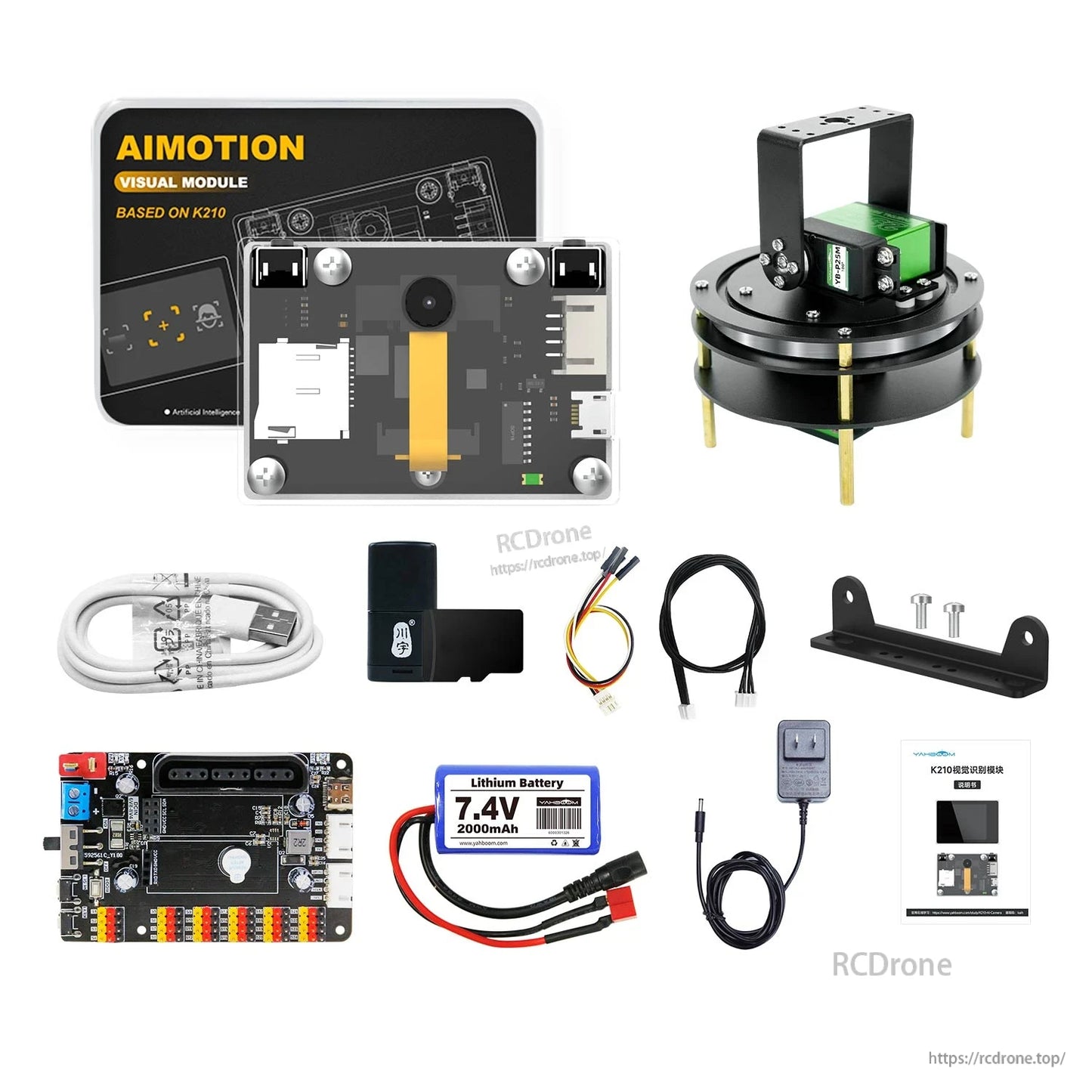 Full robotics set including K210 visual module, base platform, controller board, battery, cables, and mounting parts