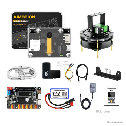 Full robotics set including K210 visual module, base platform, controller board, battery, cables, and mounting parts