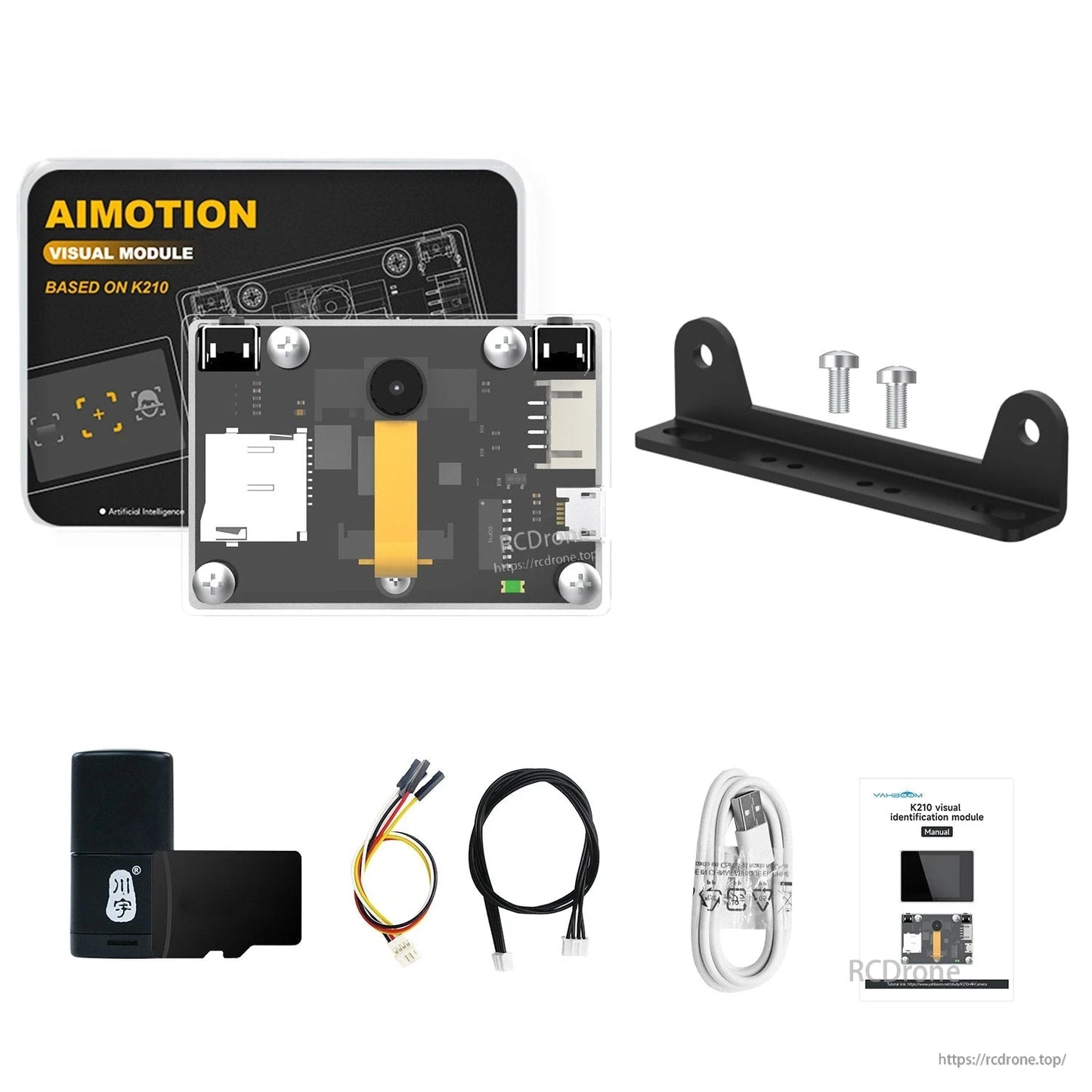 K210 visual module bundle with metal bracket mount and screws plus cables, TF reader, and documentation card