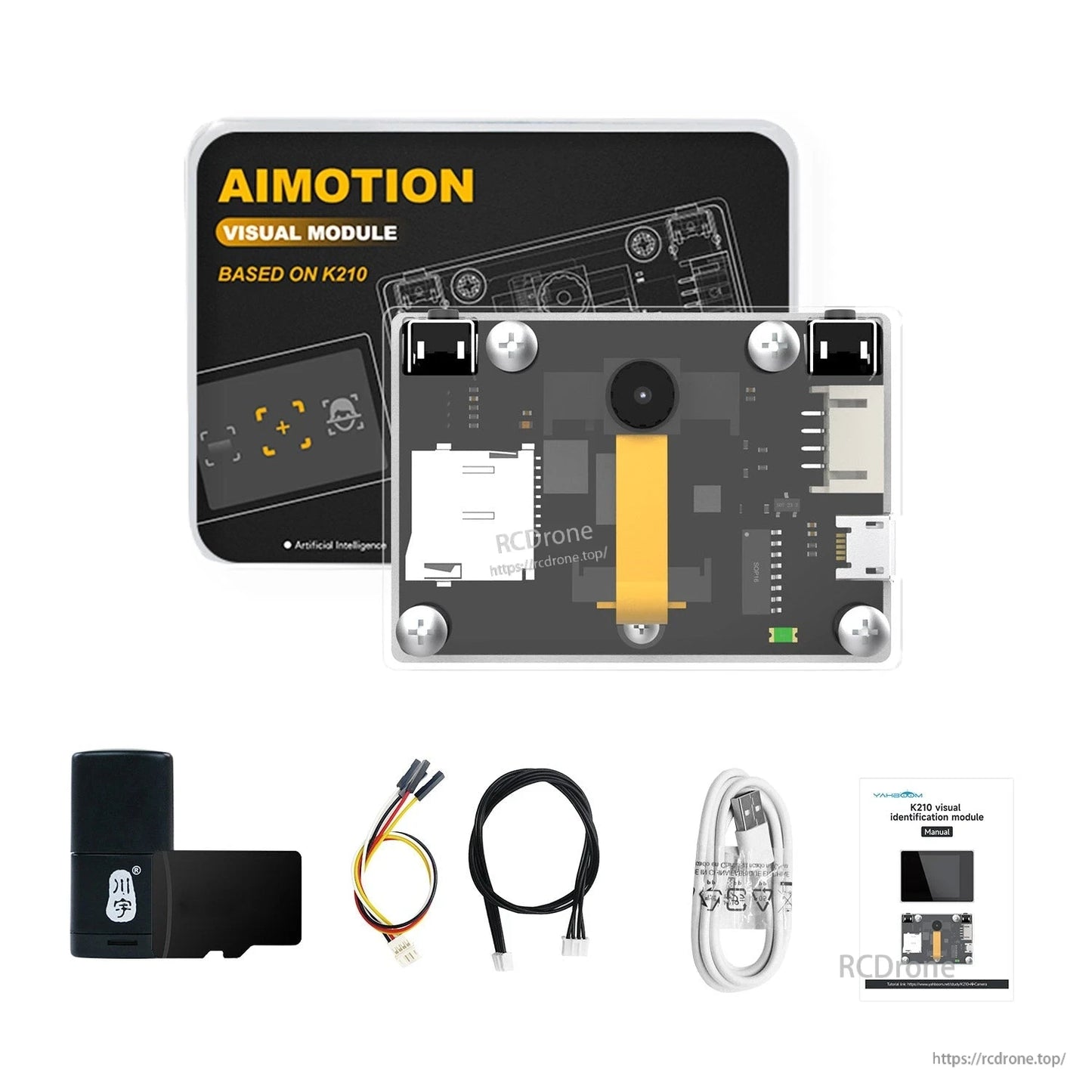 AIMOTION K210 visual module kit with TF card reader, serial cable, micro USB cable, and user manual card