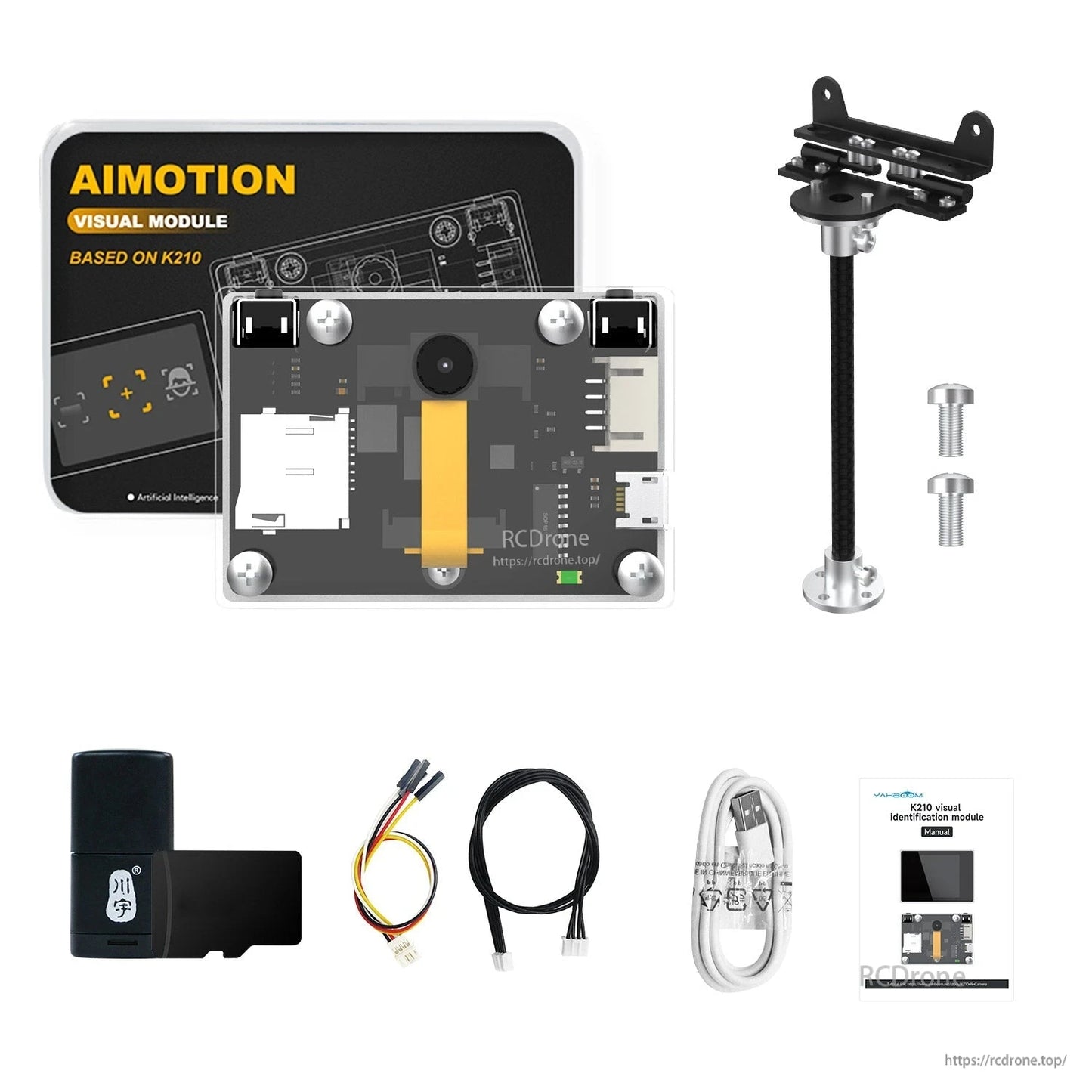 K210 visual module bundle with adjustable stand mount and screws, plus micro USB cable, serial cable, TF reader