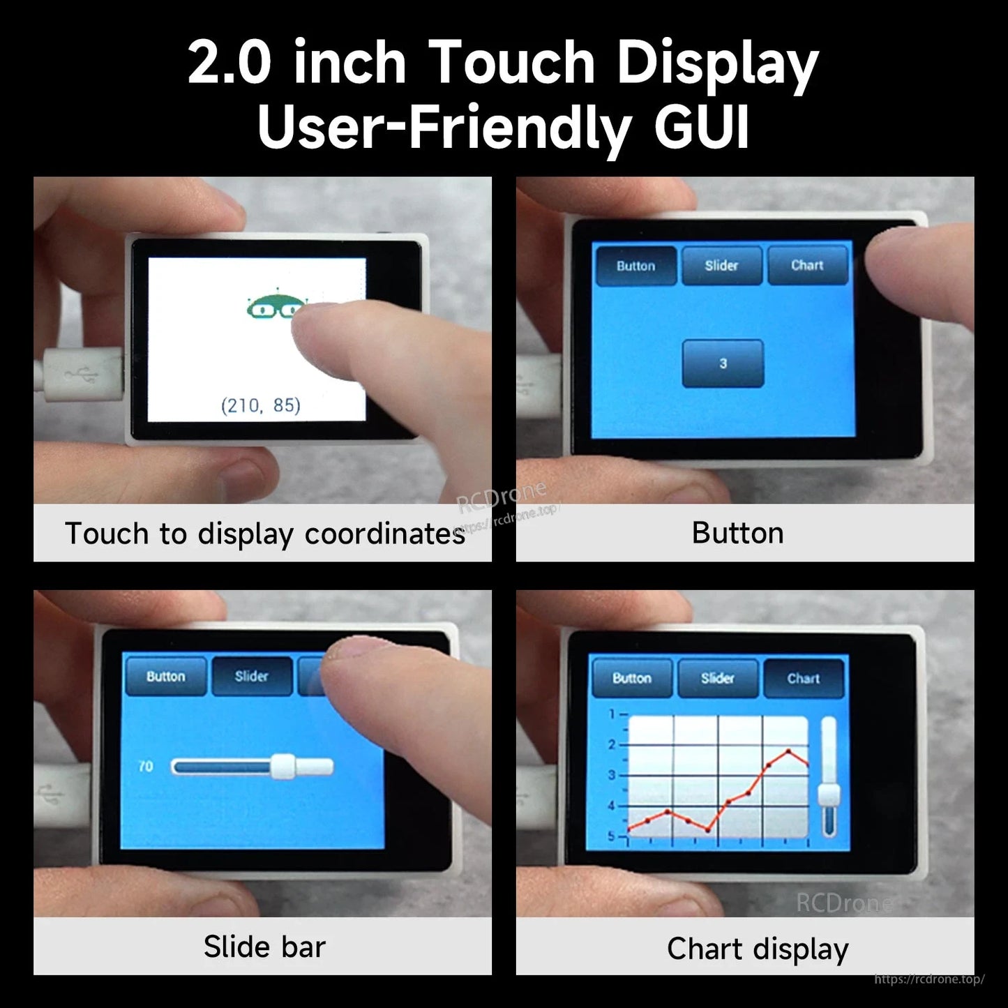 2.0 inch touch LCD GUI examples: coordinate touch, button input, slider control, chart display screens