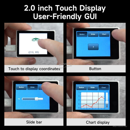 2.0 inch touch LCD GUI examples: coordinate touch, button input, slider control, chart display screens