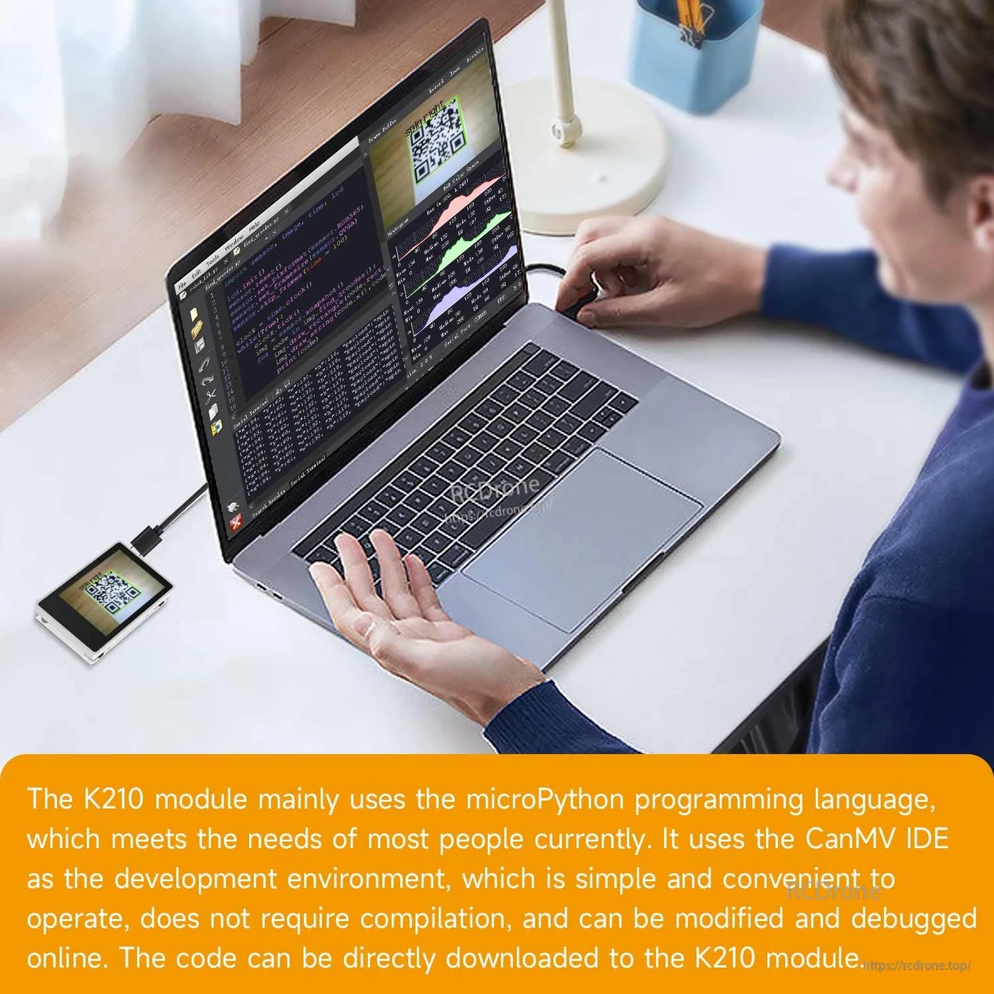 K210 module connected to laptop for MicroPython/CanMV IDE development, code download via USB