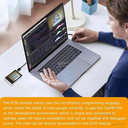 K210 module connected to laptop for MicroPython/CanMV IDE development, code download via USB