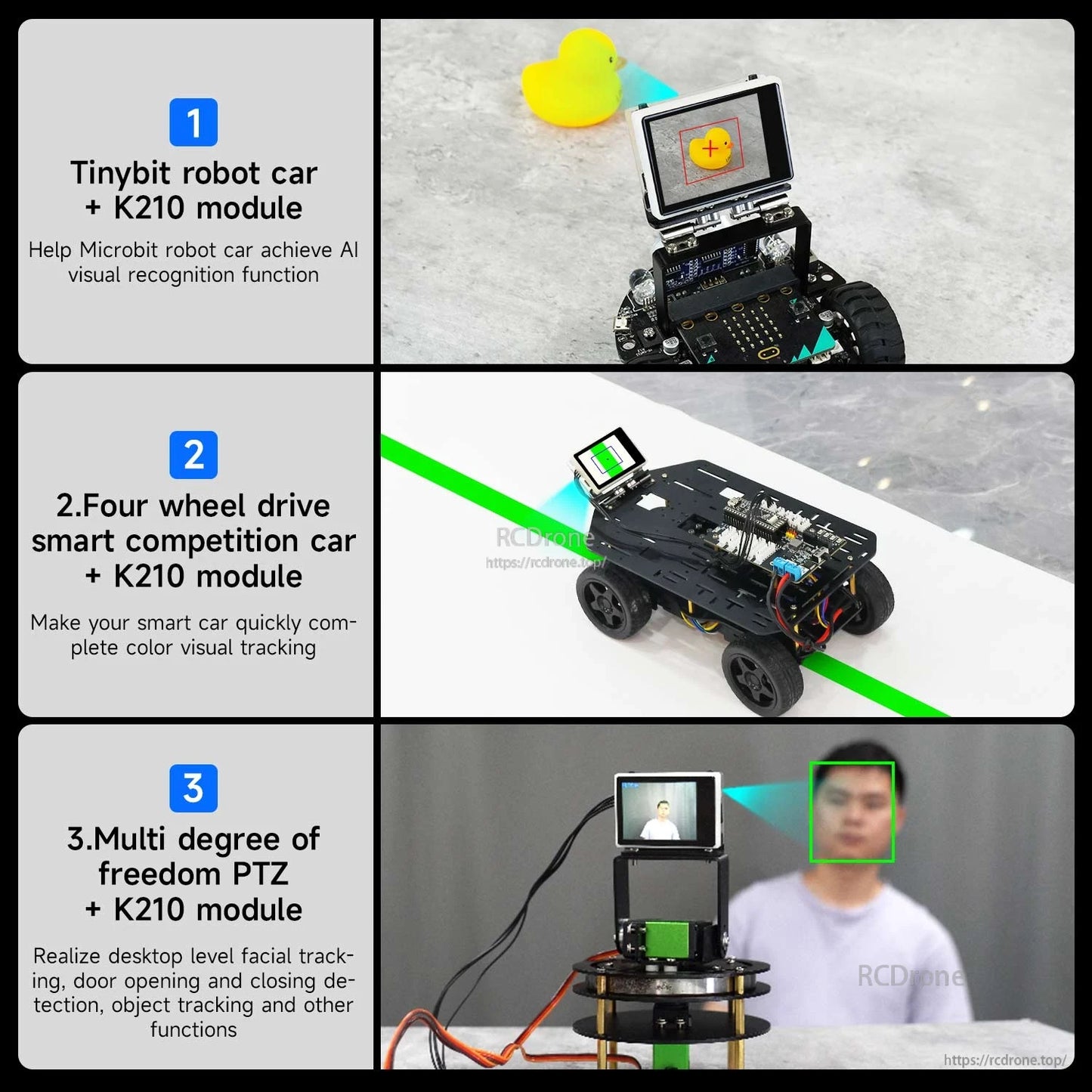 Example projects using K210 vision module on robots: Tinybit car, 4WD tracking car, PTZ vision platform demo