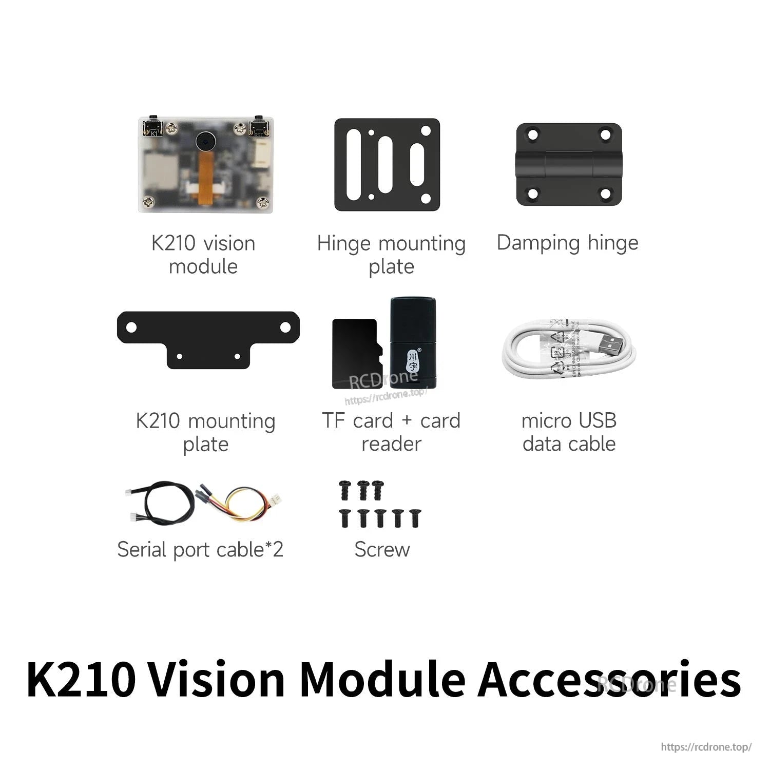 K210 vision module accessories layout: mounting plates, hinge parts, TF card reader, micro USB cable, serial cables, screws