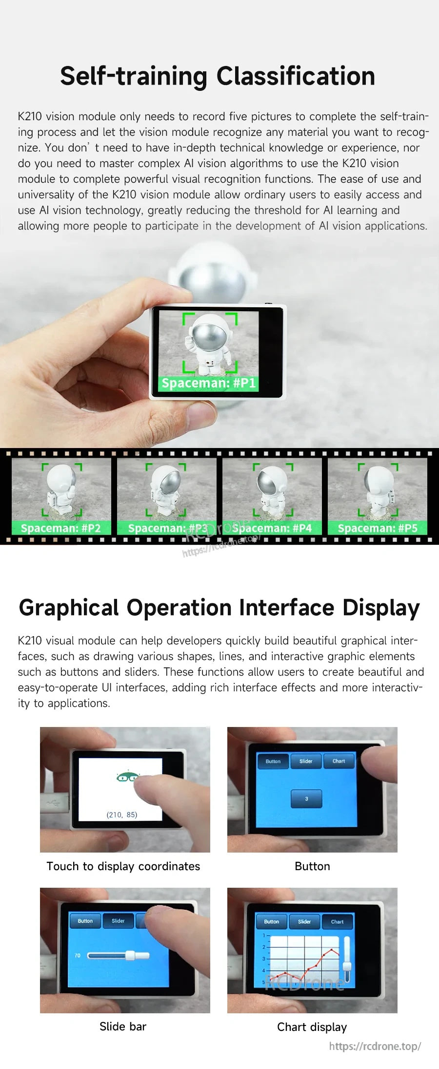 Self-training classification demo and touch-screen GUI examples including buttons, sliders, and chart display