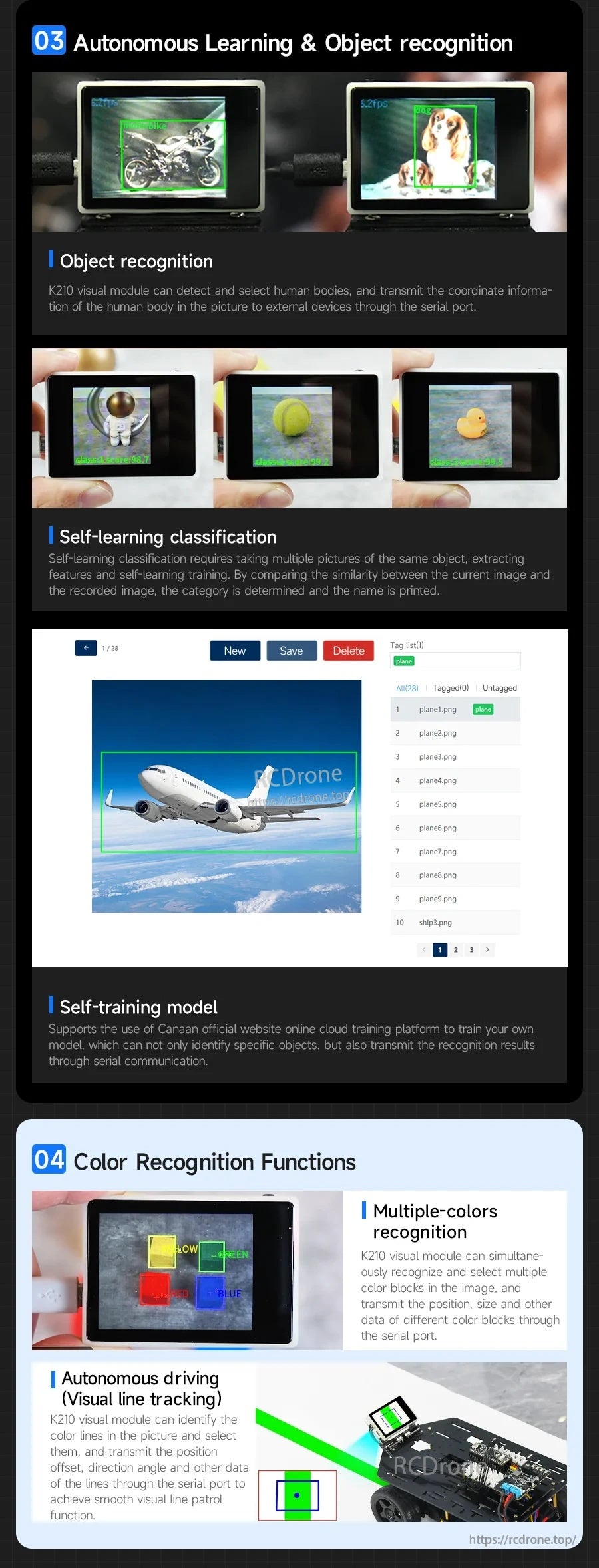 Autonomous learning and object recognition workflows, plus color recognition and visual line tracking examples