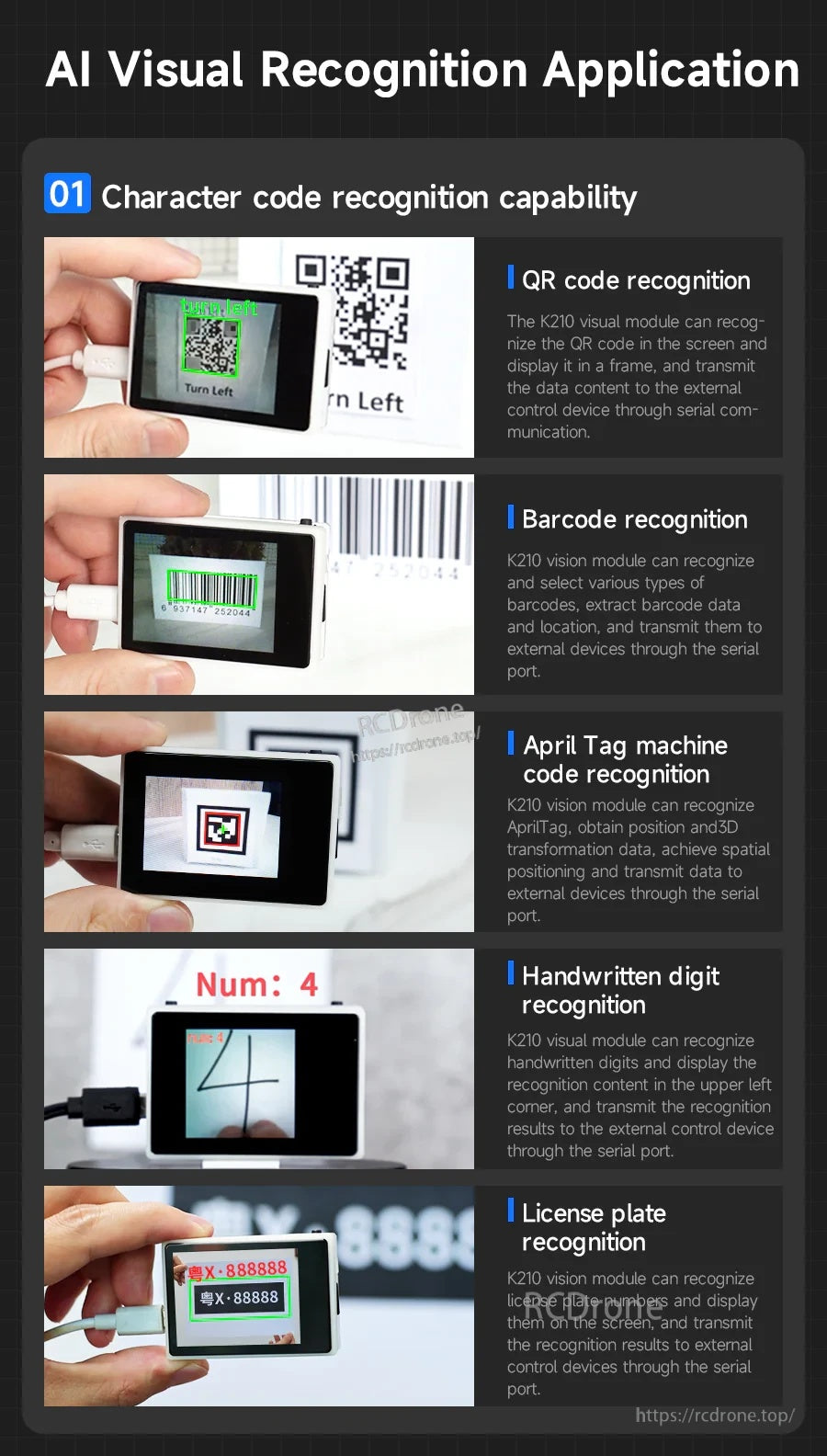 AI visual recognition examples on the touch LCD: QR code, barcode, AprilTag, handwritten digit, and license plate recognition
