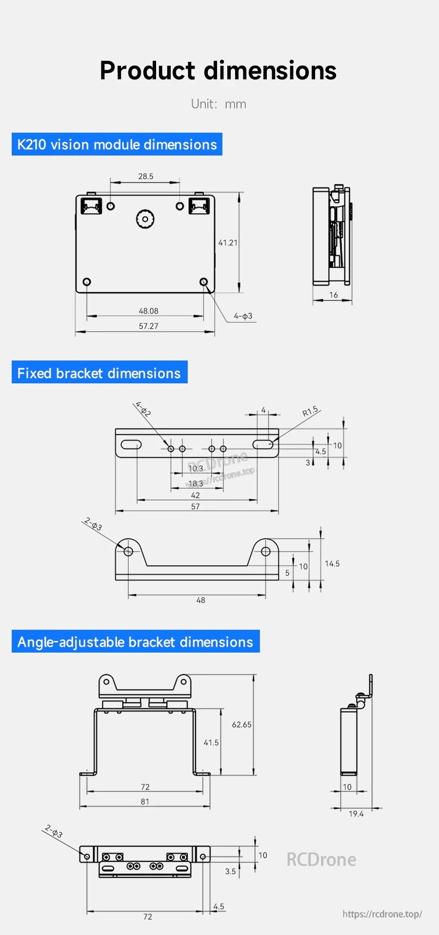 Dimension diagram of Yahboom K210 vision module with fixed and angle-adjustable bracket measurements in mm