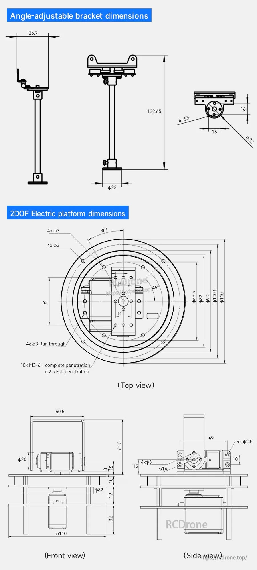 Dimension drawing of angle-adjustable bracket and 20DF electric platform with top, front, and side views
