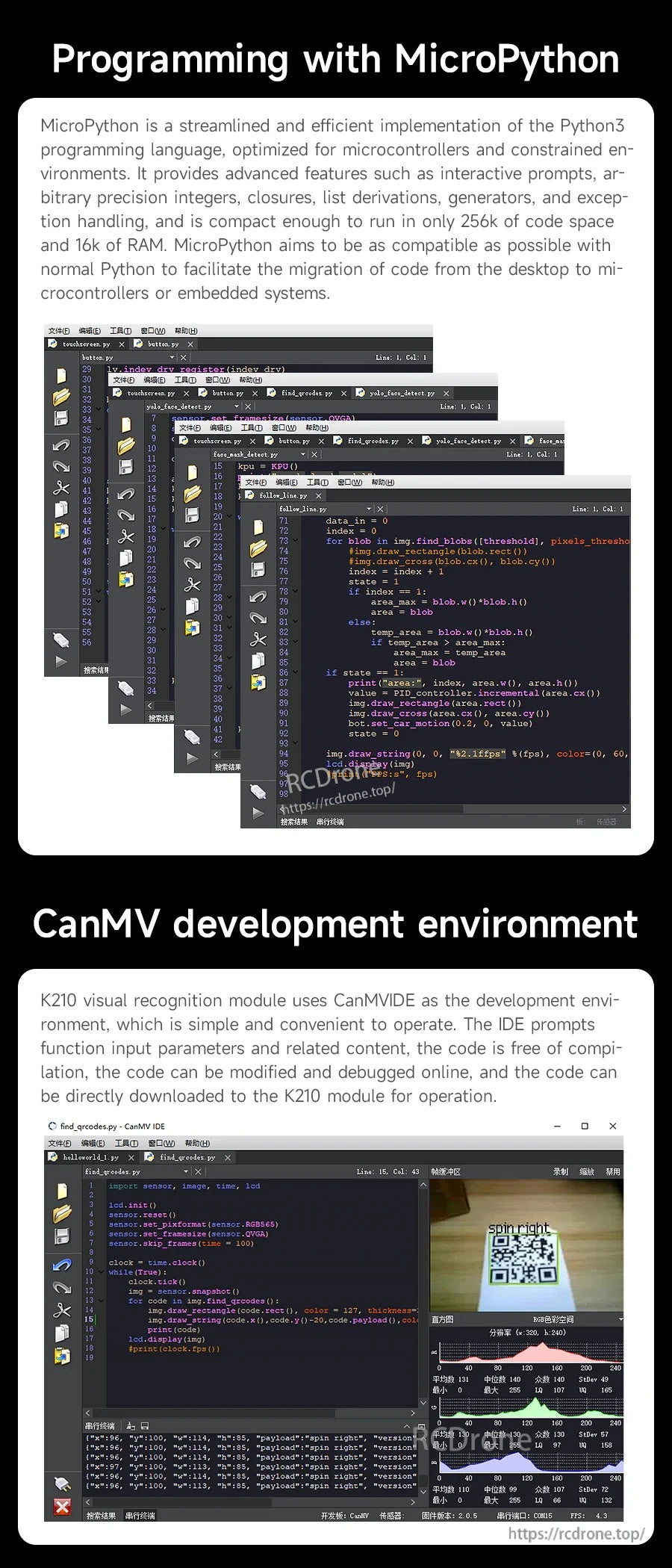 MicroPython programming and CanMV development environment screenshots for K210 vision module