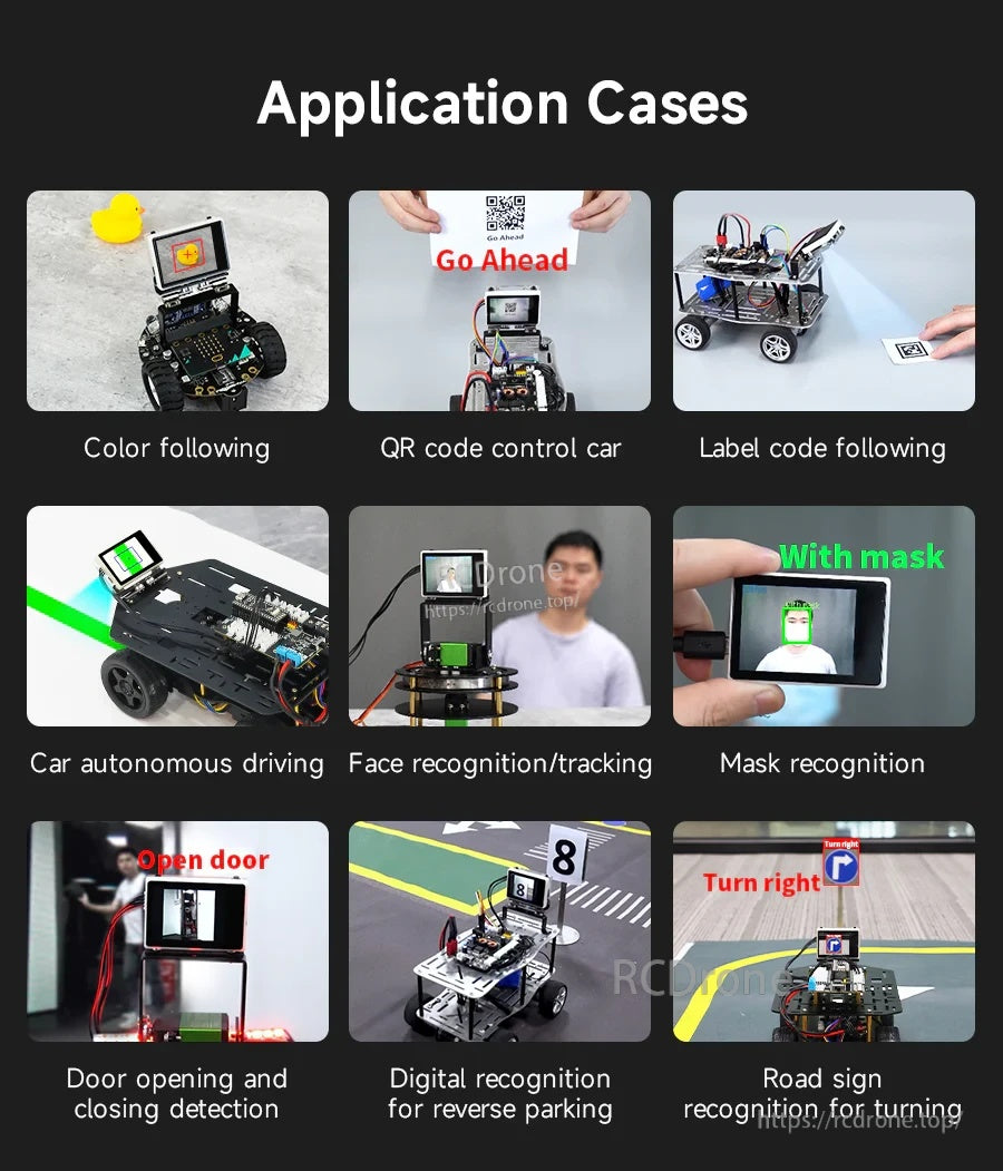 Application cases collage: color following, QR control car, label tracking, autonomous driving, recognition/tracking, mask recognition, road