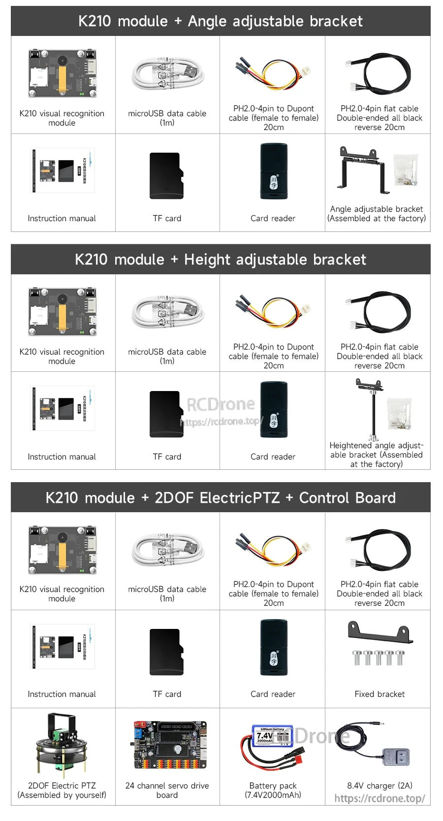 Yahboom K210 vision recognition module kit contents with adjustable brackets, cables, TF card, reader, and PTZ options