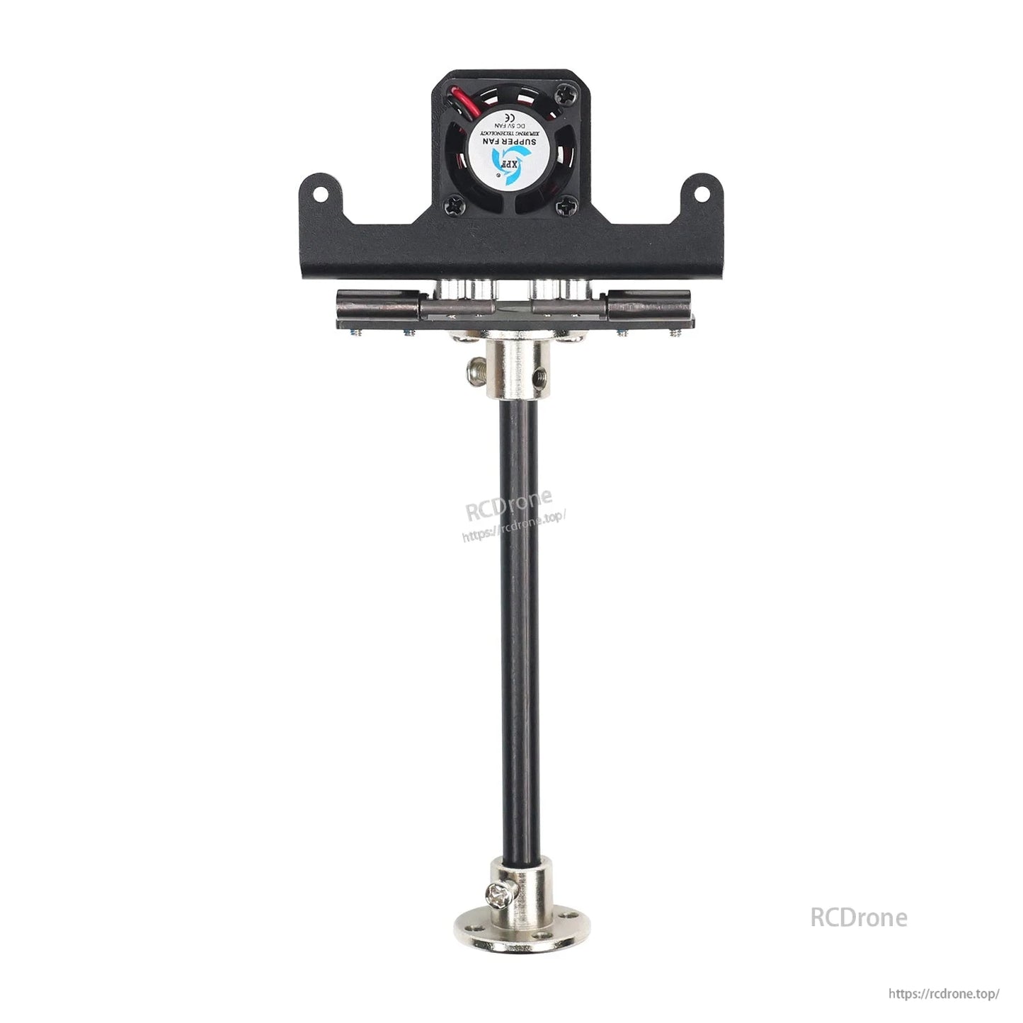 Heightened angle-adjustable bracket with cooling fan on vertical post, full view