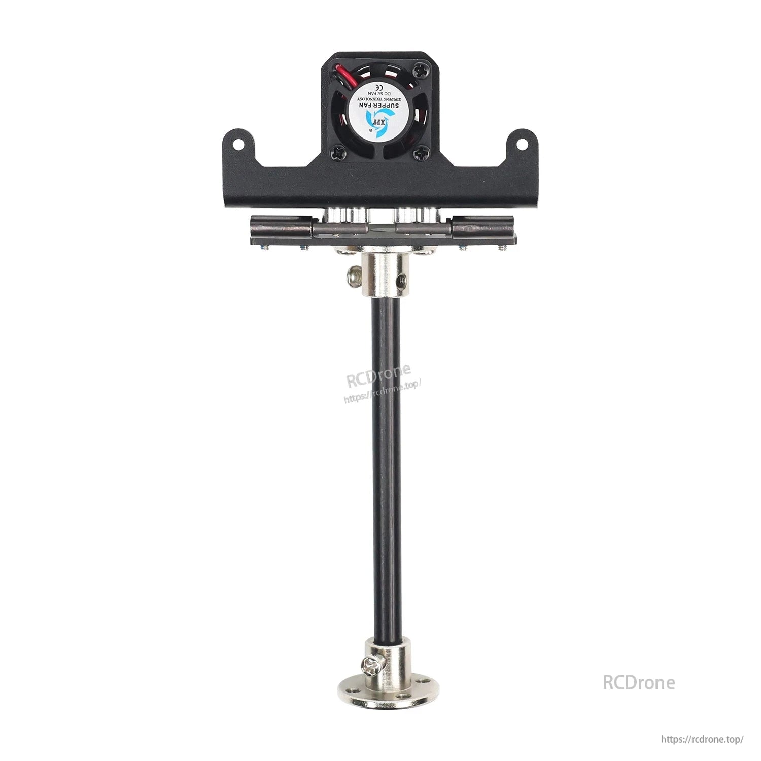 Heightened angle-adjustable bracket with cooling fan on vertical post, full view