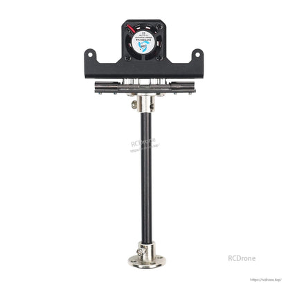 Heightened angle-adjustable bracket with cooling fan on vertical post, full view