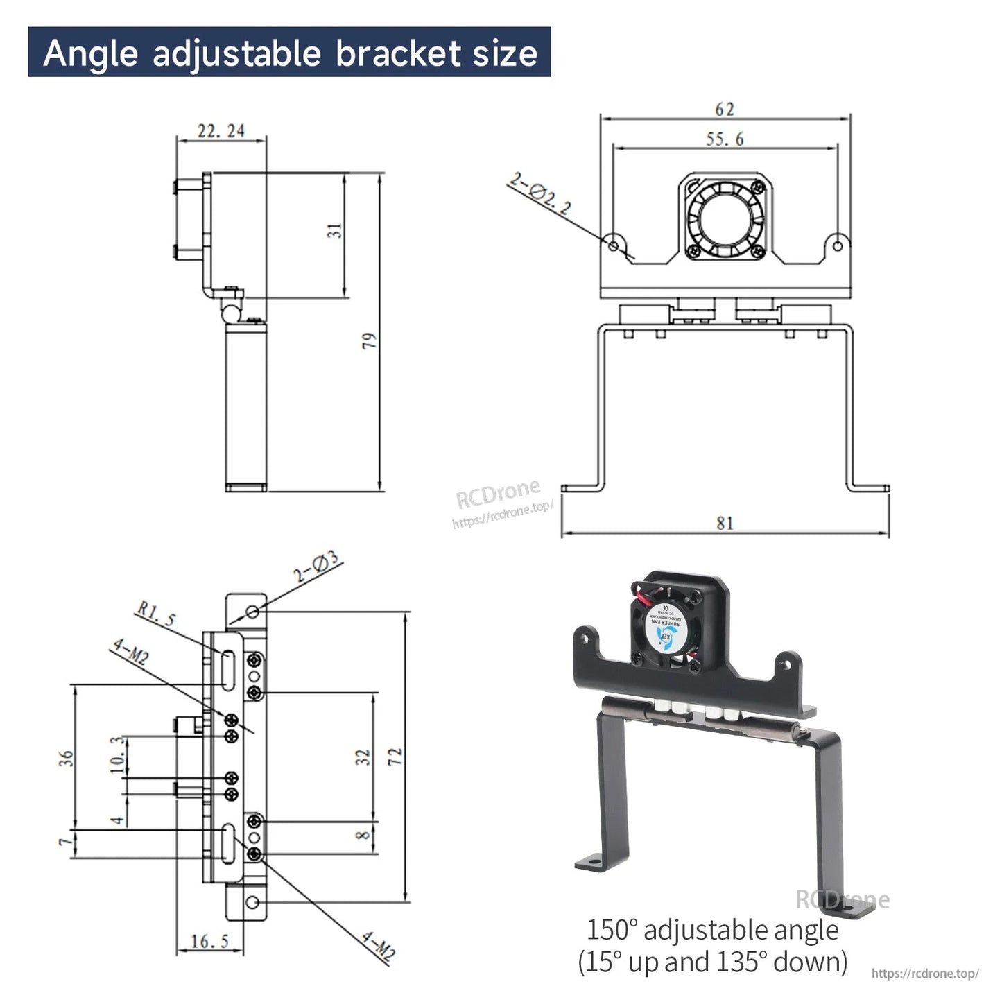 Angle adjustable bracket size drawing with dimensions and 150° tilt range note
