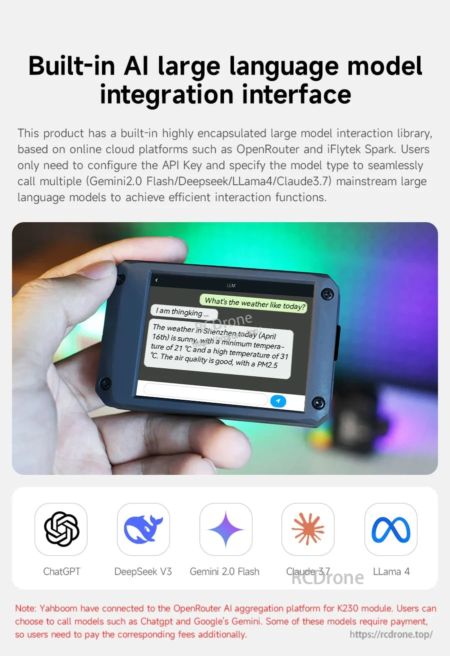 Large language model integration interface on the K230 touchscreen with API-based access to multiple LLM services