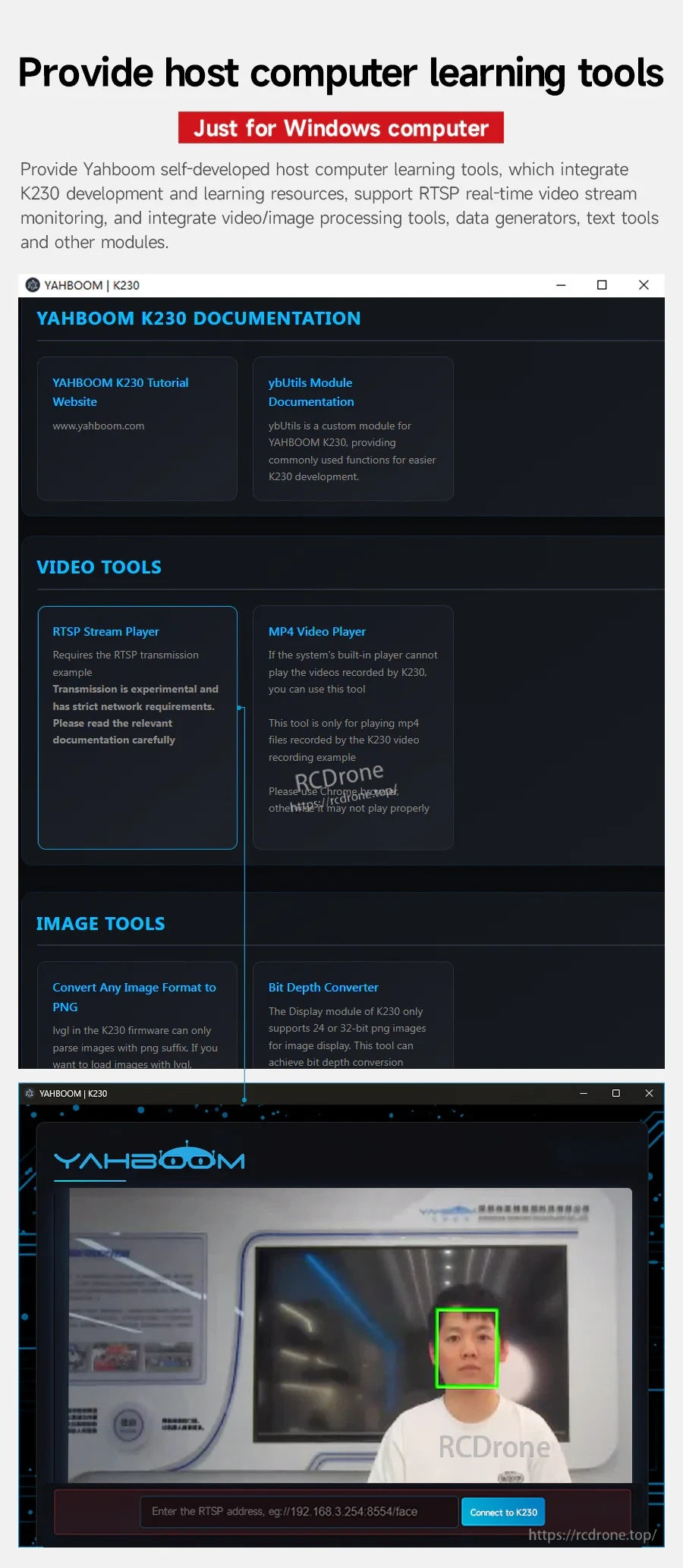 Windows host computer tools interface for RTSP monitoring, video tools, image tools, and documentation
