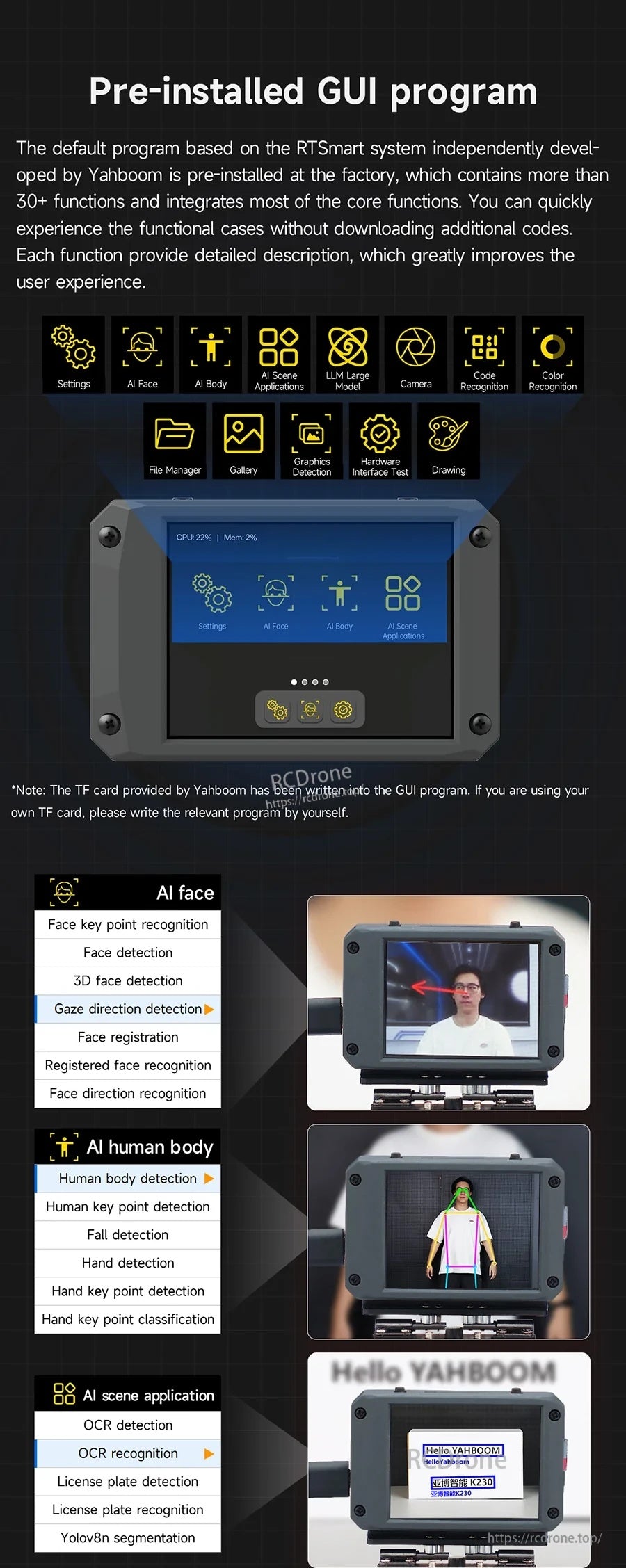 Pre-installed RTSmart GUI home screen with 30+ functions for AI, camera, code recognition, gallery, and tools