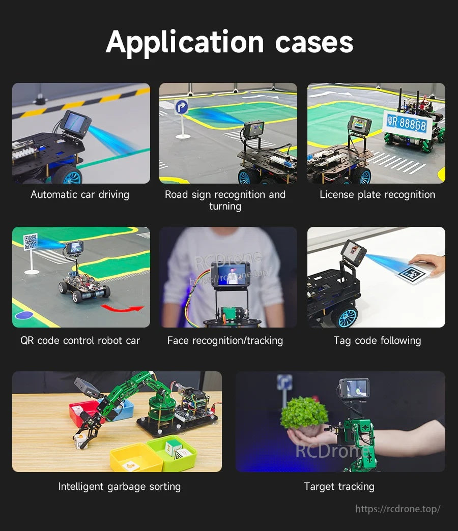 Application examples for Yahboom K230 AI camera module, including road sign, license plate, face, QR and target tracking