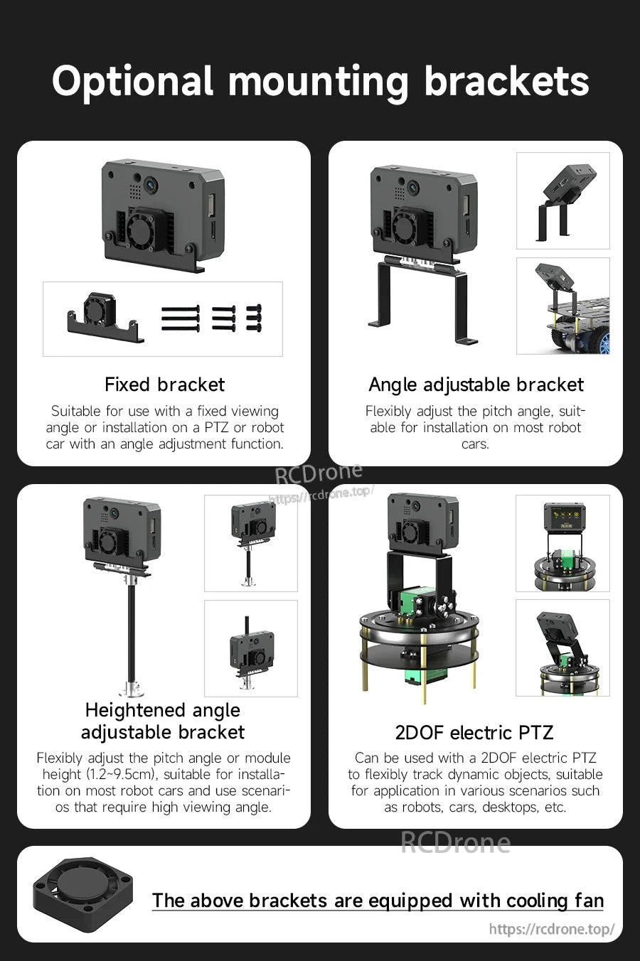 Optional mounting brackets and 2DOF electric PTZ options for installing the K230 module on robots or smart cars