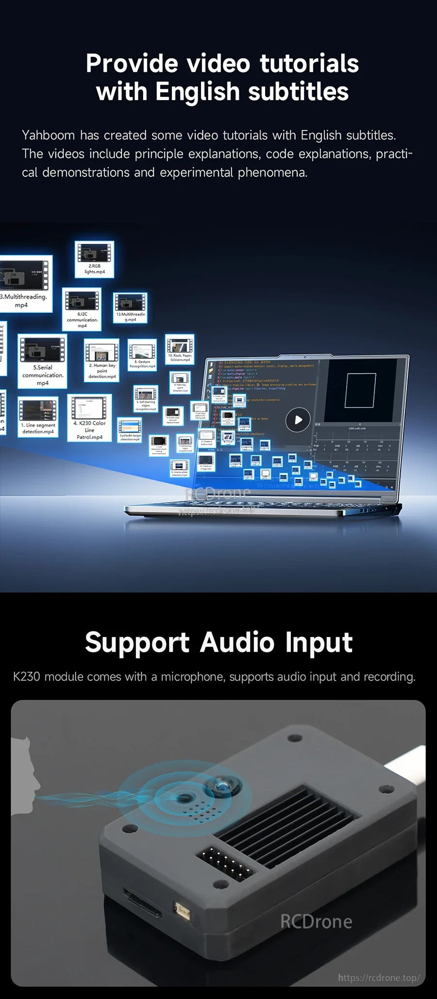 Video tutorial library graphic and onboard microphone audio input support for the K230 vision module